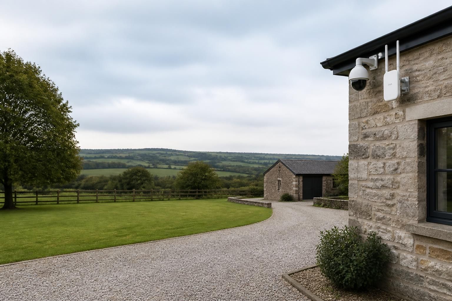 Calm rural property exterior with CCTV and wireless connectivity.