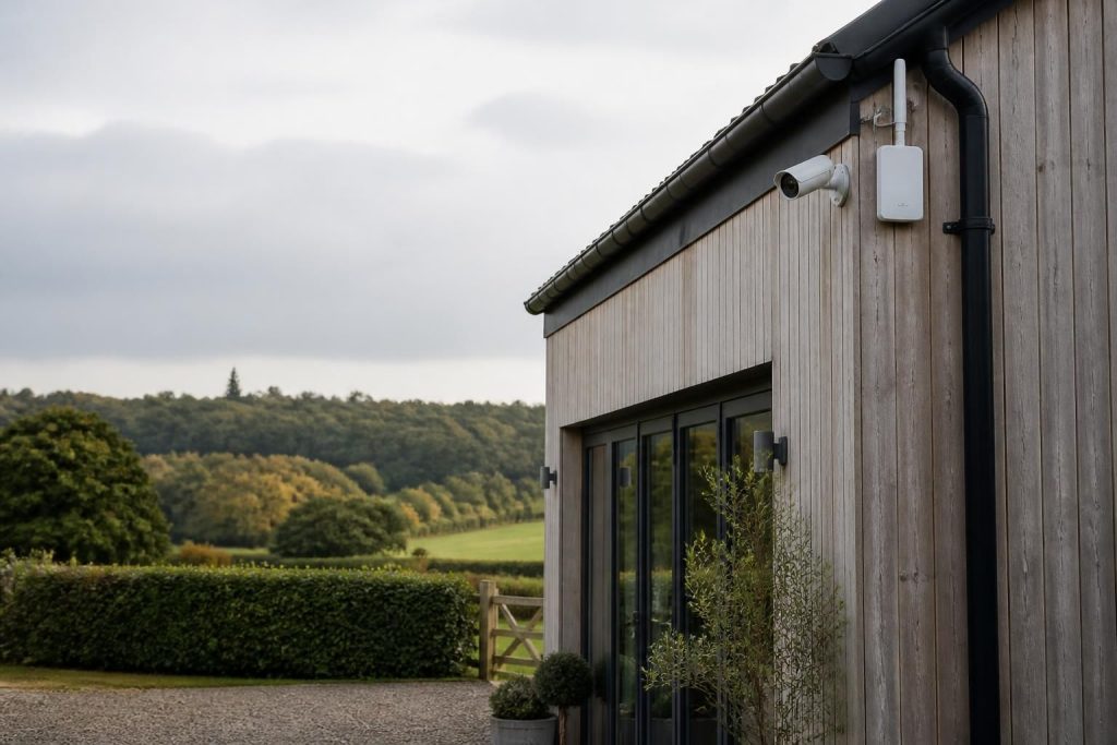 Rural property with CCTV and connectivity equipment in natural light.